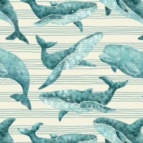 Textured Teal Whales | Light striped background