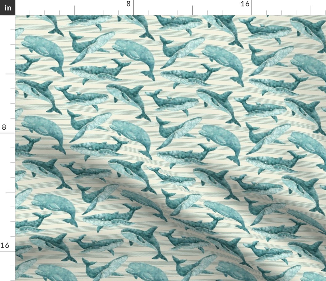 Textured Teal Whales | Light striped background