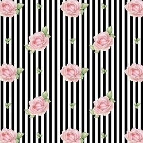Pink watercolor roses on black and white vertical stripes
