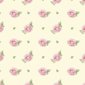 Romantic pink watercolor roses with their green leaves on a soft yellow background_small scale small flowers 