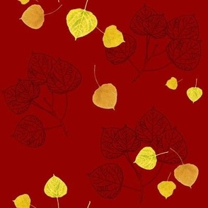 Aspen Leaves Turning - Full Color and Line Art on Deep Red