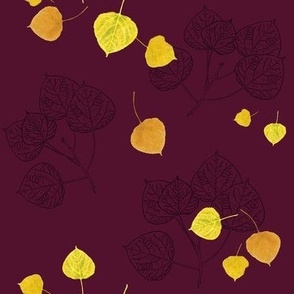 Aspen Leaves Turning - Full Color and Line Art on Burgundy