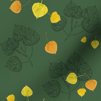 Aspen Leaves Turning - Full Color and Line Art on Dark Green