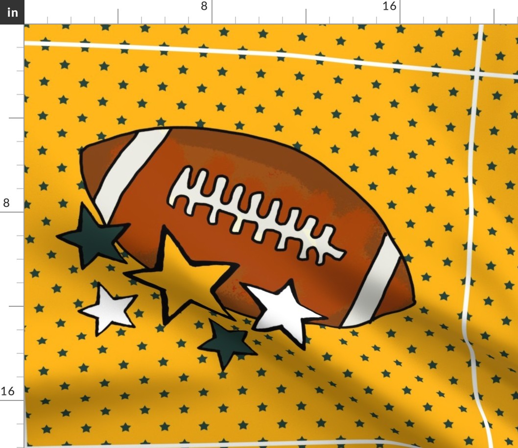 18x18 Panel Team Spirit Football and Stars in Green Bay Packers Colors Cheese Yellow Gold and Forest Green for DIY Throw Pillow Cushion Cover or Tote Bag