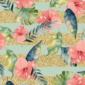 Tropicana exotic pattern with hibiskus and leaves ong gold glitter fat horizontal stripes