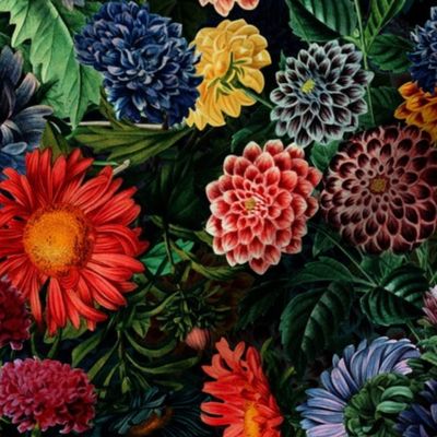 Nostalgic Dark Midnight Flower Garden - Dahlias - Asters Carnation All Kind of Autumn Flowers  - colorful night