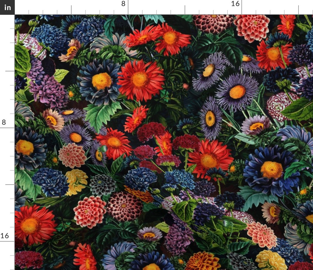 Nostalgic Dark Midnight Flower Garden - Dahlias - Asters Carnation All Kind of Autumn Flowers  - colorful night