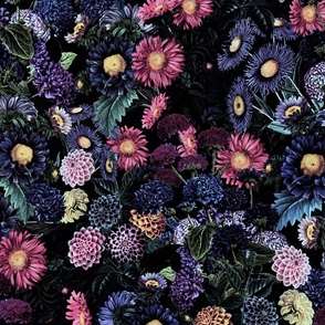 Nostalgic Dark Midnight Flower Garden - Dahlias - Asters Carnation All Kind of Autumn Flowers  - midnight black