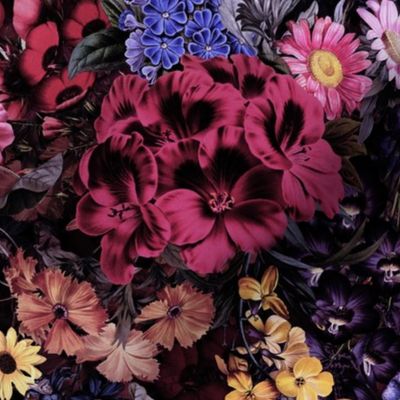 Nostalgic Dark Midnight Flower Garden - Dahlias - Asters Carnation All Kind of Fall Flowers - black moonlight