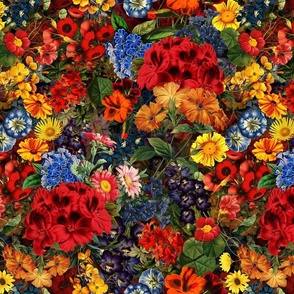Nostalgic Dark Midnight Flower Garden - Dahlias - Asters Carnation All Kind of Fall Flowers -  colorful