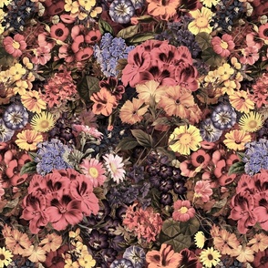 Nostalgic Dark Midnight Flower Garden - Dahlias - Asters Carnation All Kind of Fall Flowers - sepia