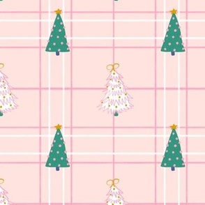 Christmas trees on pink gingham criss cross stripes