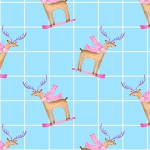 Skiing deer on blue and white criss cross background