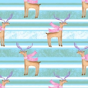 Cute deer wearing scarf on blue stripes background, woodland animals