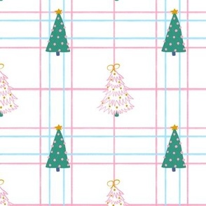 Christmas trees on white pink and blue gingham criss cross stripes