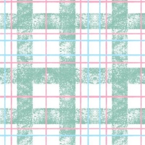 Green, blue, white and pink gingham, hand drawn crayon plaid stripes