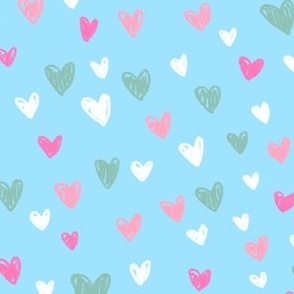 Cute hearts on blue background, pink and white little valentine hearts