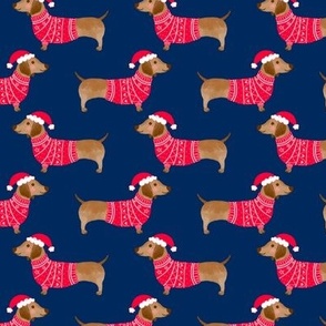 Dachshund wearing jumper and santa hat, cute winter sausage dogs blue background