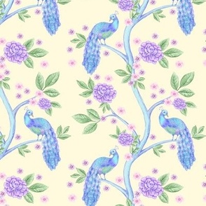 Chinoiserie blue peacock and peonies on yellow background