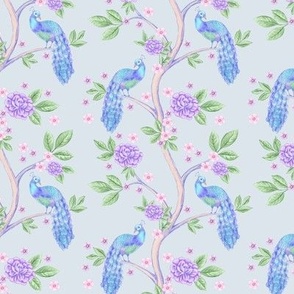 Chinoiserie peacock and purple peonies on blue background