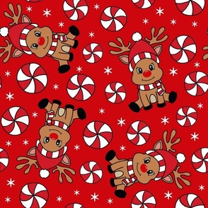 Large Scale Red Nosed Reindeer and Peppermint Swirl Candy on Red