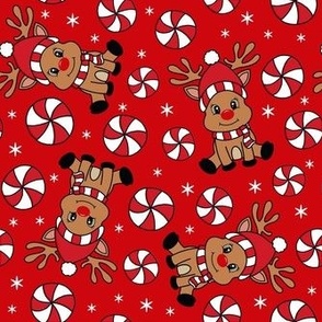 Medium Scale Red Nosed Reindeer and Peppermint Swirl Candy on Red