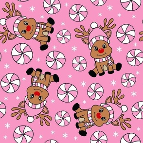 Large Scale Red Nosed Reindeer and Peppermint Swirl Candy on Pink