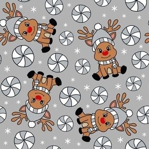 Medium Scale Red Nosed Reindeer and Peppermint Swirl Candy on Grey