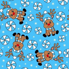 Large Scale Red Nosed Reindeer and Peppermint Swirl Candy on Blue
