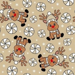 Medium Scale Red Nosed Reindeer and Peppermint Swirl Candy on Tan