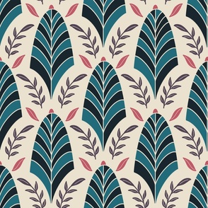 Art Deco Feathers and leaves in turquoise, black and beige - Big Size