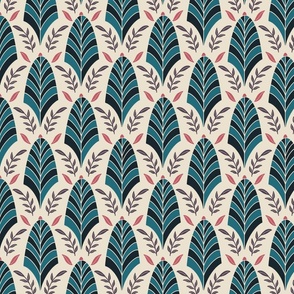 Art Deco Feathers and leaves in turquoise, black and beige - Small Size