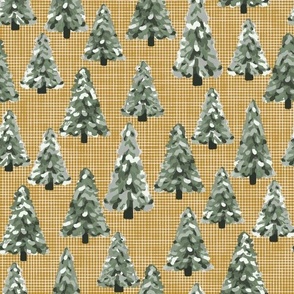 Winter Pine Tree Forest on Gold and Pink Burlap