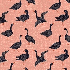 Small Scale Lake life of Geese. Black and pink, textured background