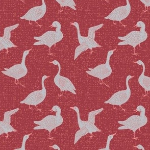 Small Scale Lake life of Geese. Light grey on dark red, textured background