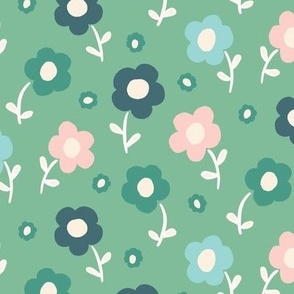 Modern Hand Drawn Pink, Green and Blue Floral