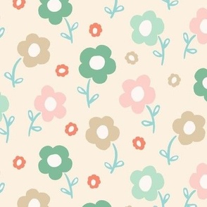 Modern Hand Drawn Pink and Green Floral on Beige Background