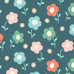 Modern Hand Drawn Pink, Blue, Green and Coral Daisy Floral
