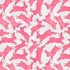 Coral Pink Rabbits Jumping - Ditsy Scale - Light Grey Bckg Bunny Bunnies Easter Spring
