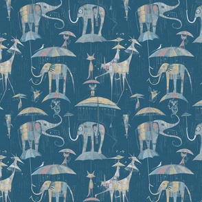 WILLIE'S UMBRELLA ODYSSEY - MUTED COLORS ON VINTAGE TEAL, MEDIUM SCALE