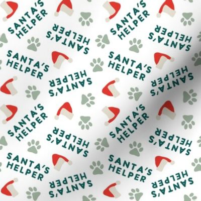 Santa's Helper - Paw Prints - Dog Christmas Fabric - white - LAD23