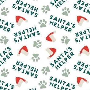 Santa's Helper - Paw Prints - Dog Christmas Fabric - white - LAD23