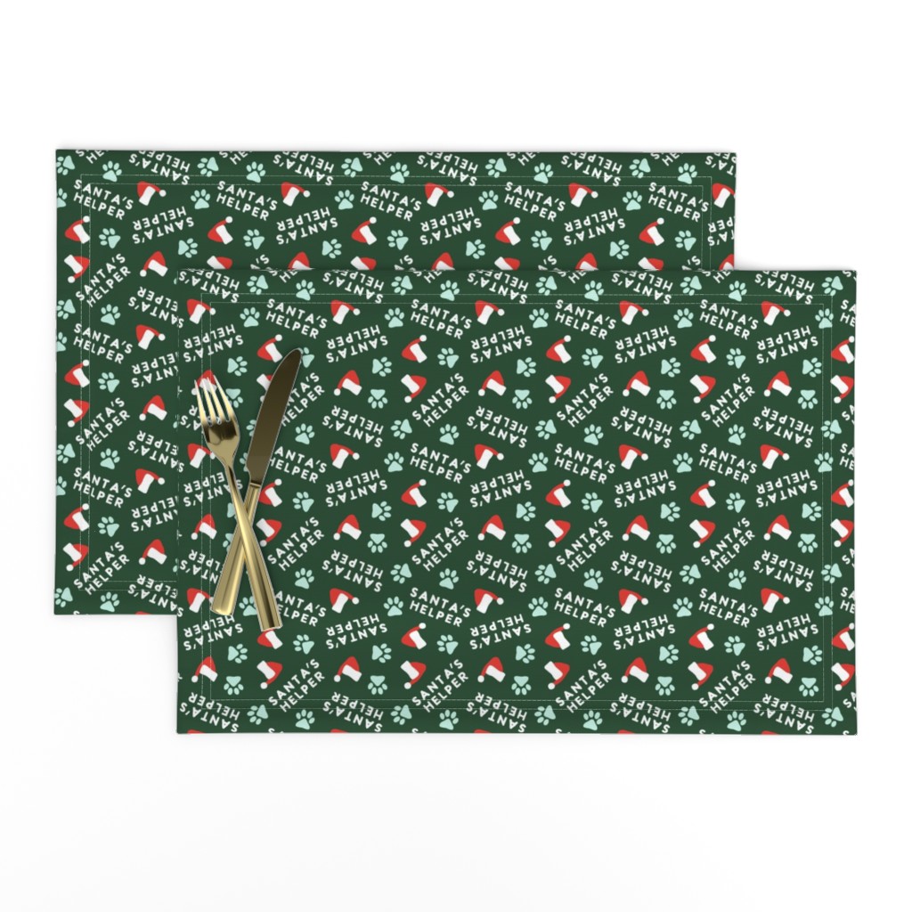 Santa's Helper - Paw Prints - Dog Christmas Fabric - dark green - LAD23