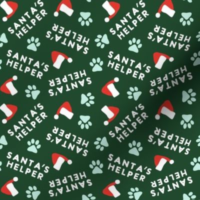 Santa's Helper - Paw Prints - Dog Christmas Fabric - dark green - LAD23