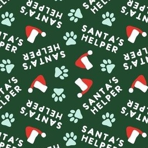 Santa's Helper - Paw Prints - Dog Christmas Fabric - dark green - LAD23