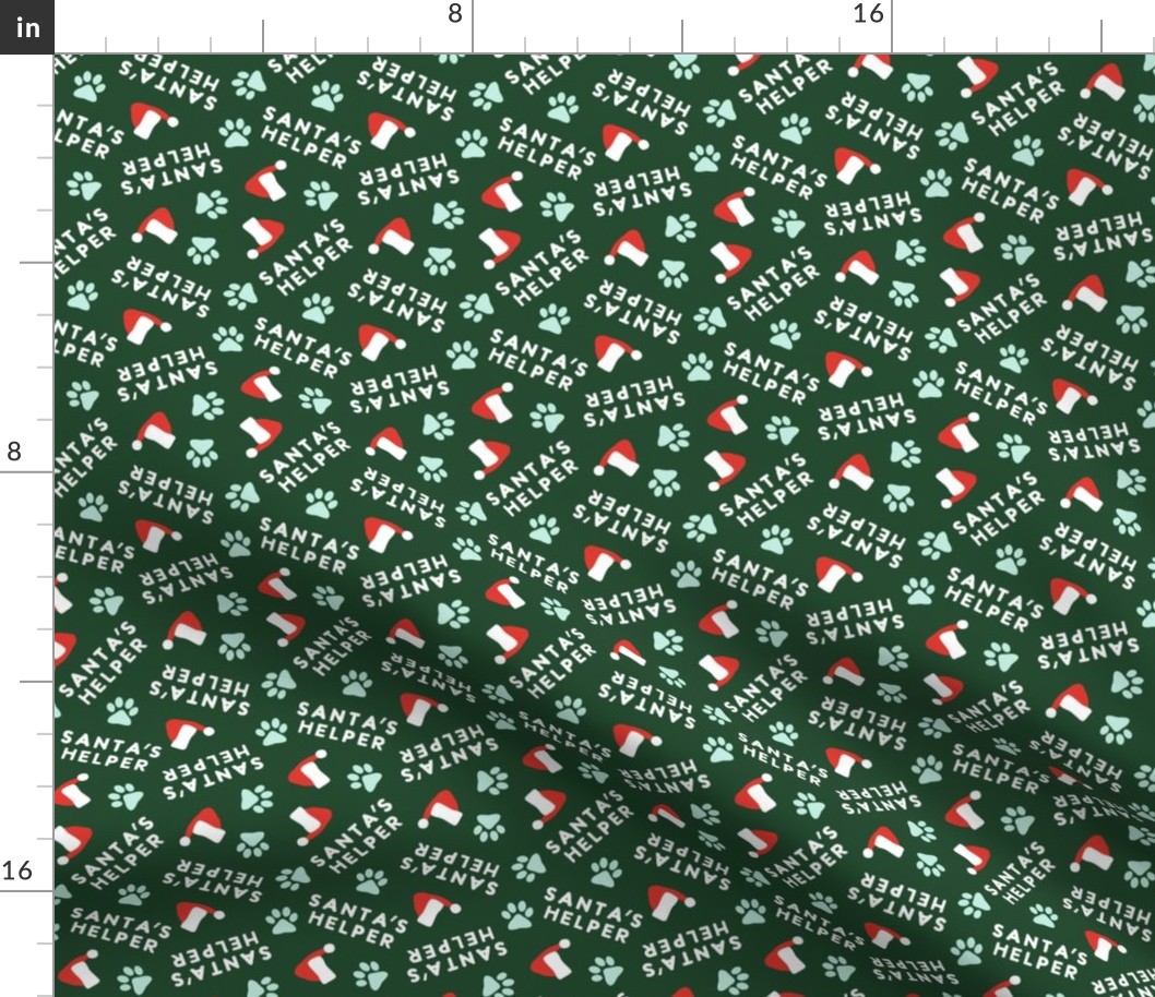 Santa's Helper - Paw Prints - Dog Christmas Fabric - dark green - LAD23