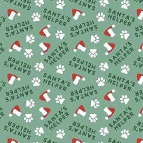 (small scale) Santa's Helper - Paw Prints - Dog Christmas Fabric - Sage - LAD23