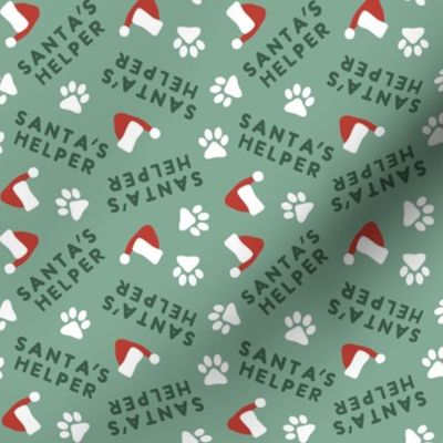 Santa's Helper - Paw Prints - Dog Christmas Fabric - Sage - LAD23