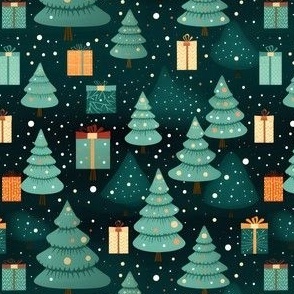 Christmas Trees & Presents on Green - small