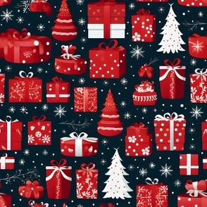 Red, White Christmas Trees & Presents - medium